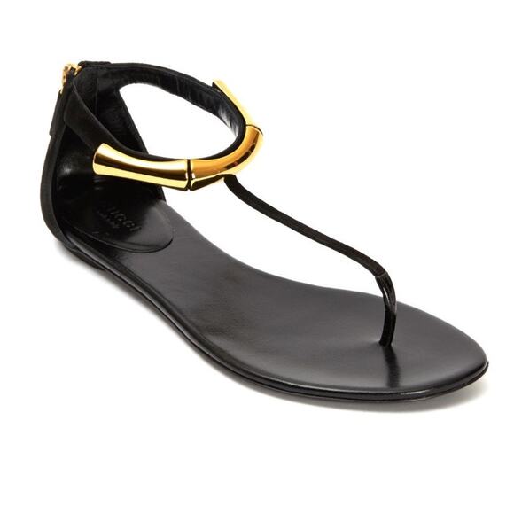 Gucci Coraline Black Suede Thong T strap flats gold bamboo detail size 35.5 - Picture 1 of 16